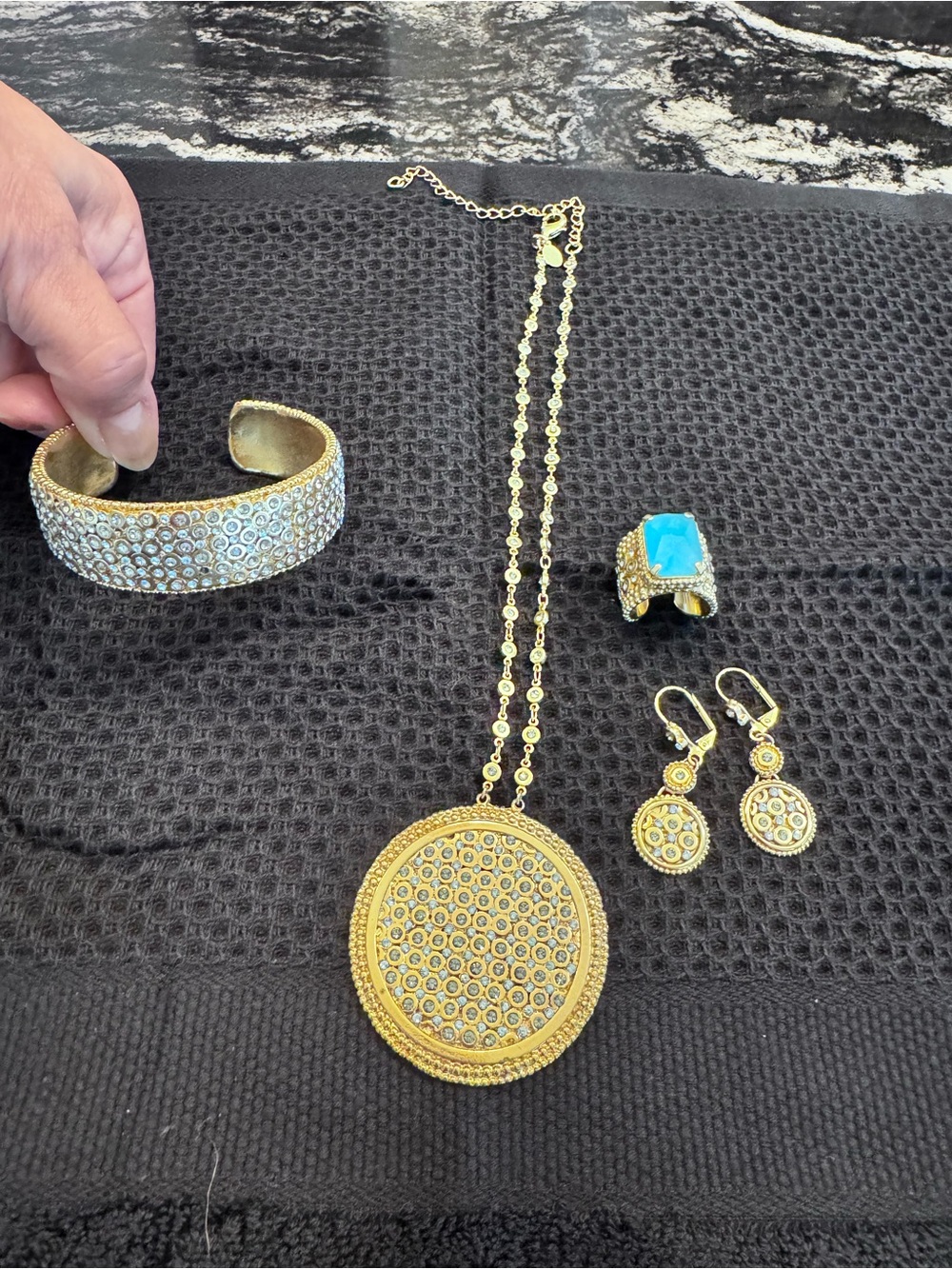 Alexis Bittar Gold-Tone Crystal Pendant Necklace with Matching Earrings and Cuff